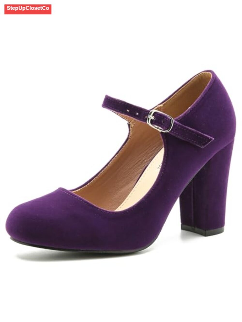 Women's Mary Jane Pumps, Closed Round Toe, Block Heel with Ankle Strap Buckle,